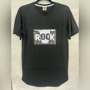 Black Sequin 'ROCK' Graphic Men's Tee party rave club dance SMALL dinner night